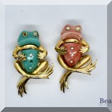 J159. Pair of goldtone and rhinestone frog pins. One missing a stone. - $24 